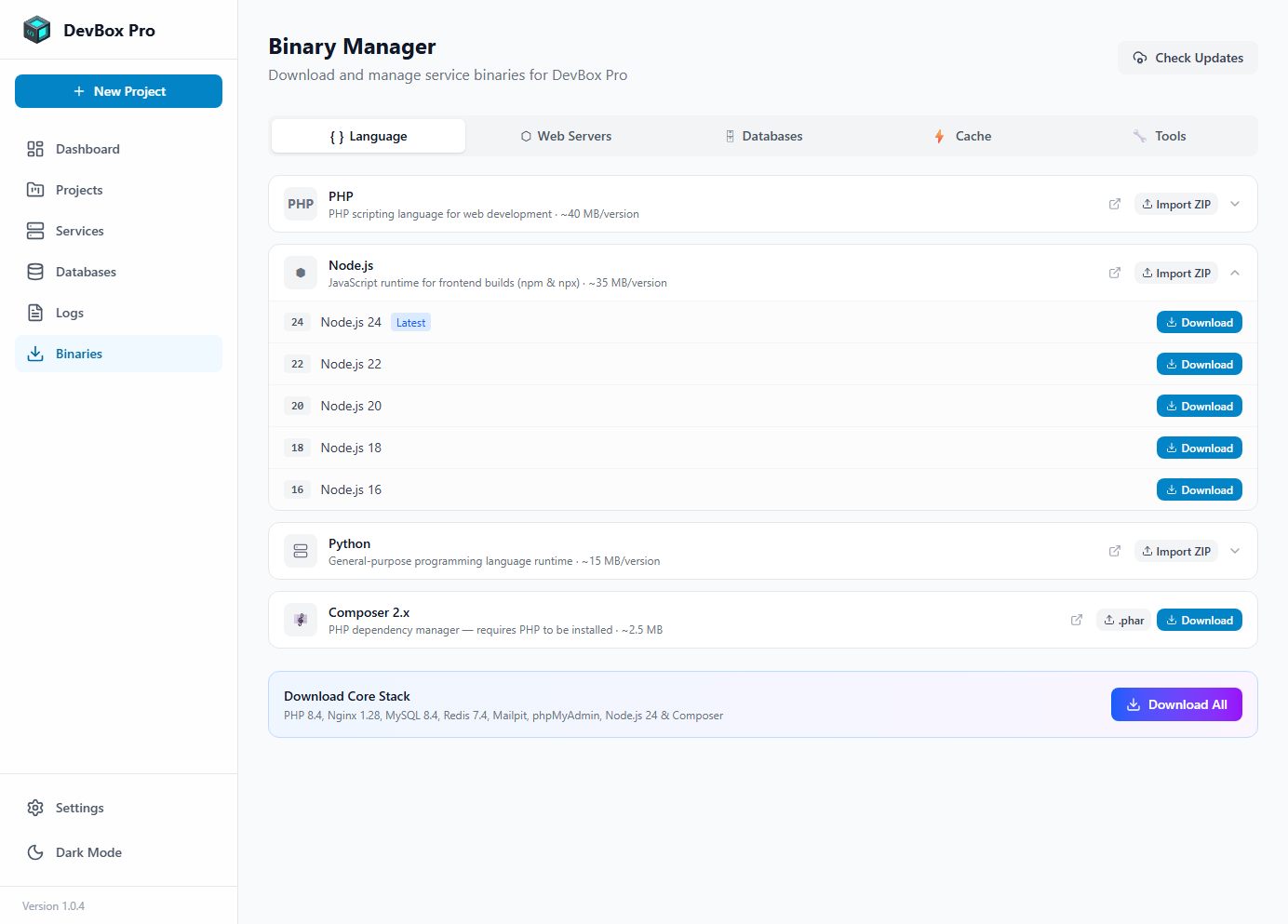 Binary Manager showing Node.js versions