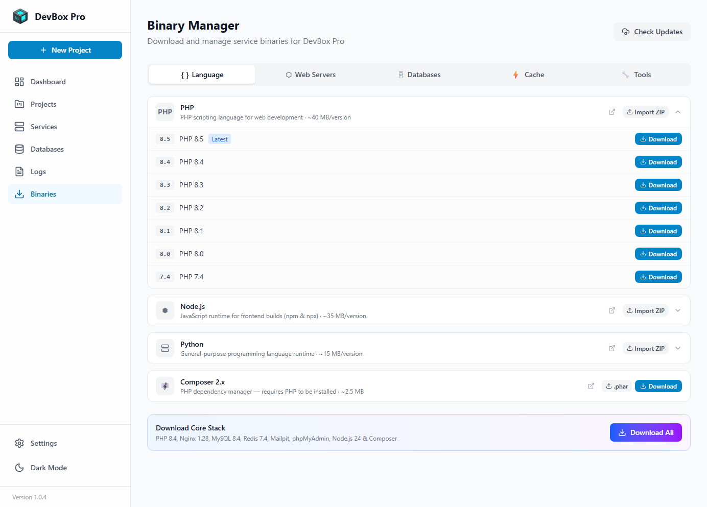 Binary Manager showing multiple PHP versions available for download